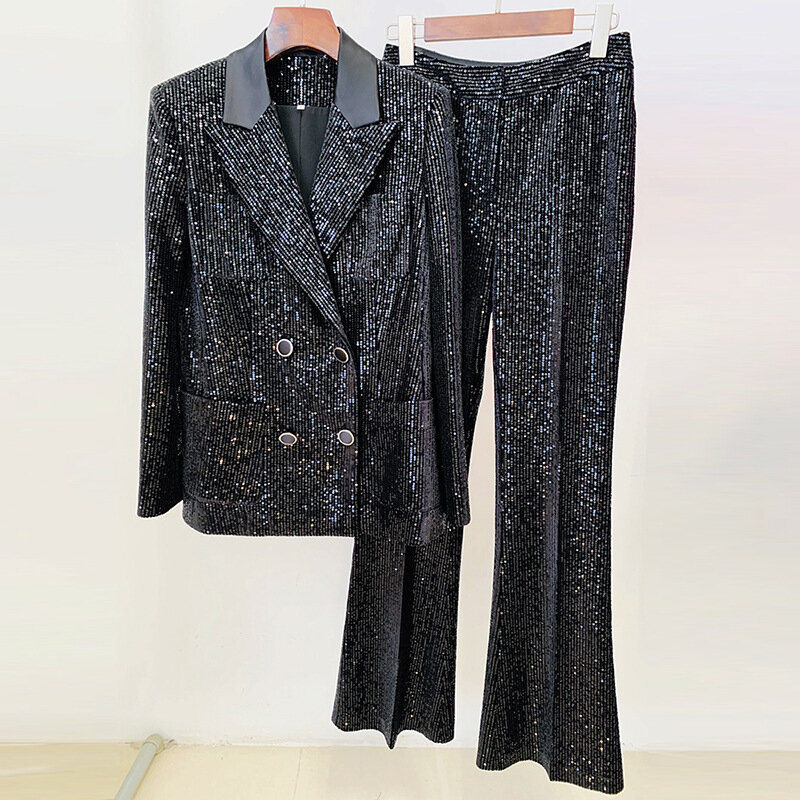 Conjunto de terno formal de lantejoulas pretas feminino, blazer elegante, calça, botão duplo, roupa de negócios, jaqueta de senhora do escritório, casaco feminino