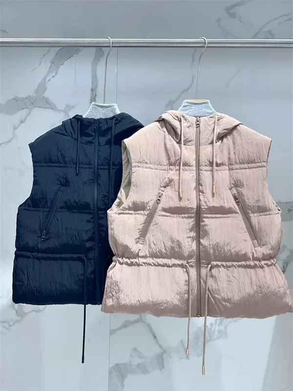 Women's Down Vest 2023 New Autumn Winter Drawstring Solid Color Versatile Simple Casual Sleeveless Hooded Warm Coat