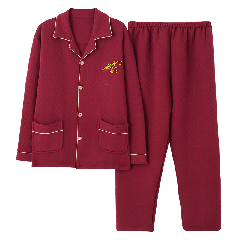 男性用薄手コットンパジャマ,明るい赤,単色,3層,カーディガン,エンボス加工されたデザイン,家庭用衣類