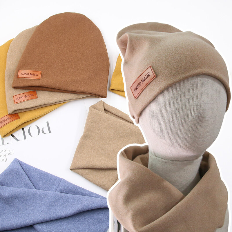 2 pz/lotto Faux Cashmere Baby turbante cappelli sciarpa Set neonato bambini bastone in pelle inverno doppio strato berretti cofani moda copricapo