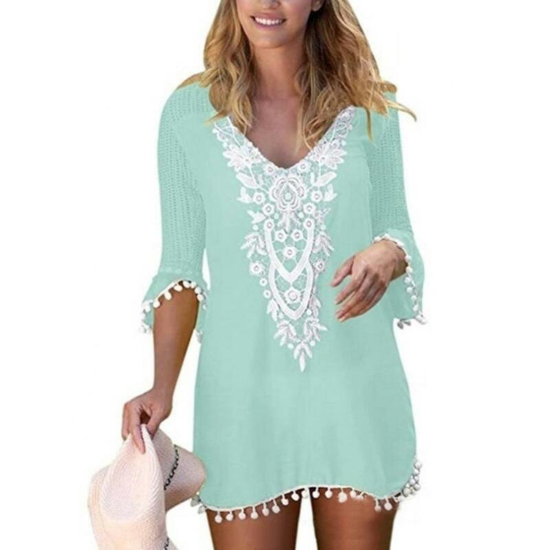 Lace Crochet Pompom Guarnição Bikini Cover Up Vestido para Mulheres, Beach Wear, Plus Size, Verão