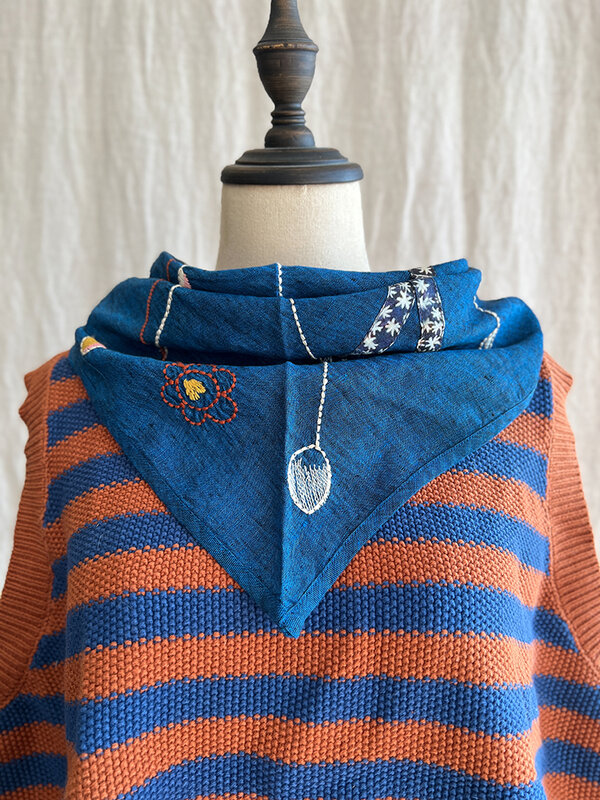 Patch di lino ricamo fatto a mano legante triangolare cotone lino sciarpa artistica Vintage accessori per abbigliamento in stile etnico da donna