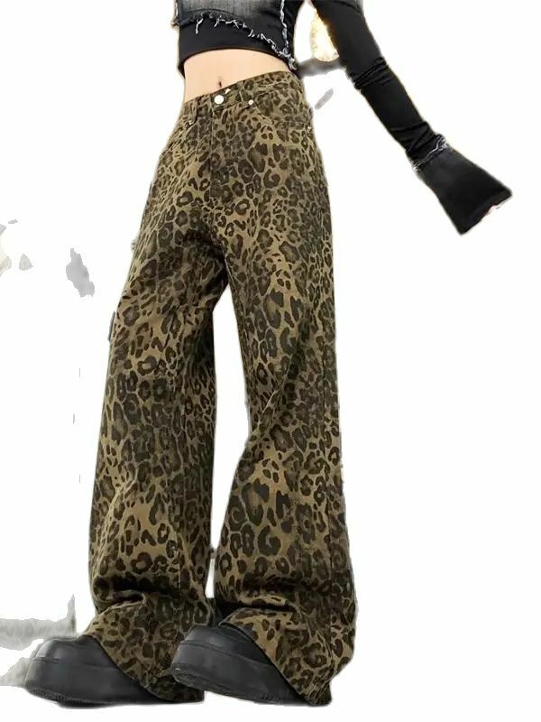 여성용 헐렁한 레오파드 무늬 청바지, 캐주얼 와이드 레그 팬츠, 레트로 스트레이트 청바지, 유럽 및 미국 스타일 패션, 2024 신상