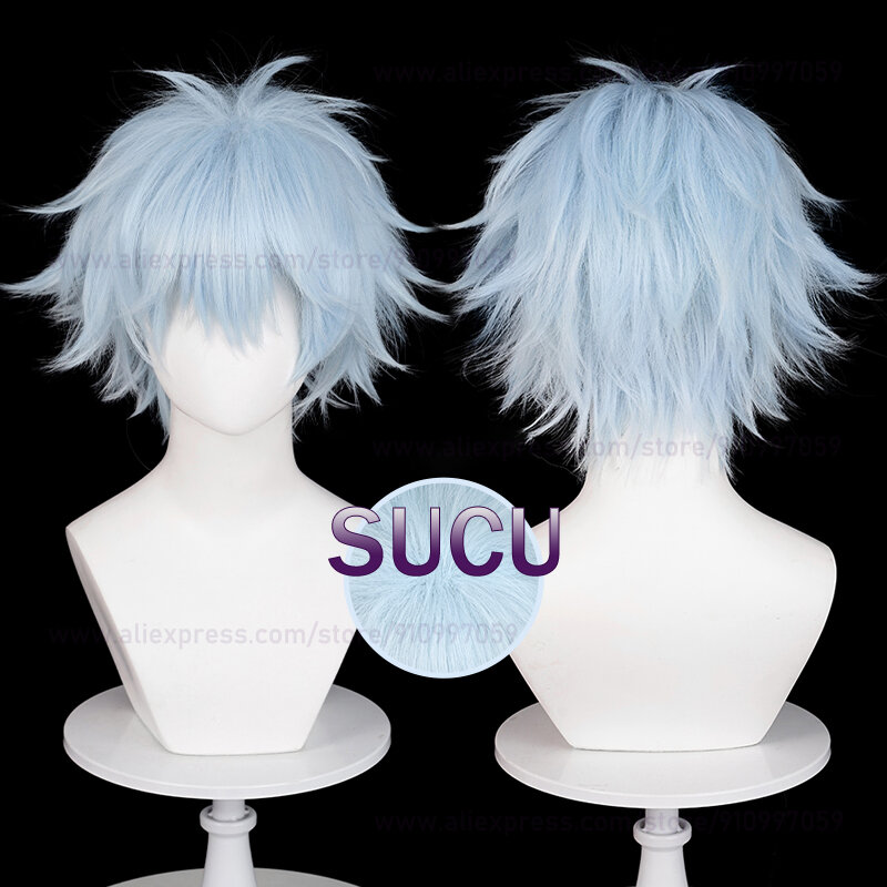 Anime Okazaki Shinichi parrucca Cosplay 30cm capelli azzurri parrucche sintetiche resistenti al calore di Halloween + cappuccio per parrucca