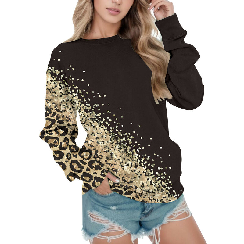 Sweatshirt wanita motif macan tutul kasual, atasan lengan panjang leher bulat, baju trendi longgar musim gugur musim dingin 2023