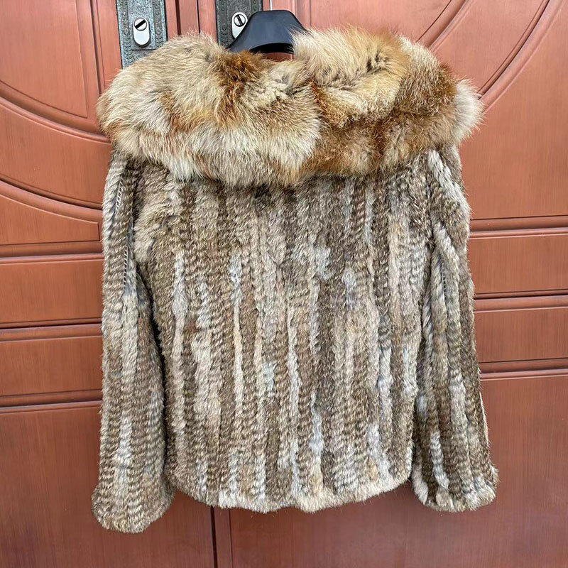 2023 New Women Knitted Real Rabbit Fur Coat With Real Fox Fur Collar Female Long Sleeve Autumn Luxury Genuine Rabbit Fur Jacket