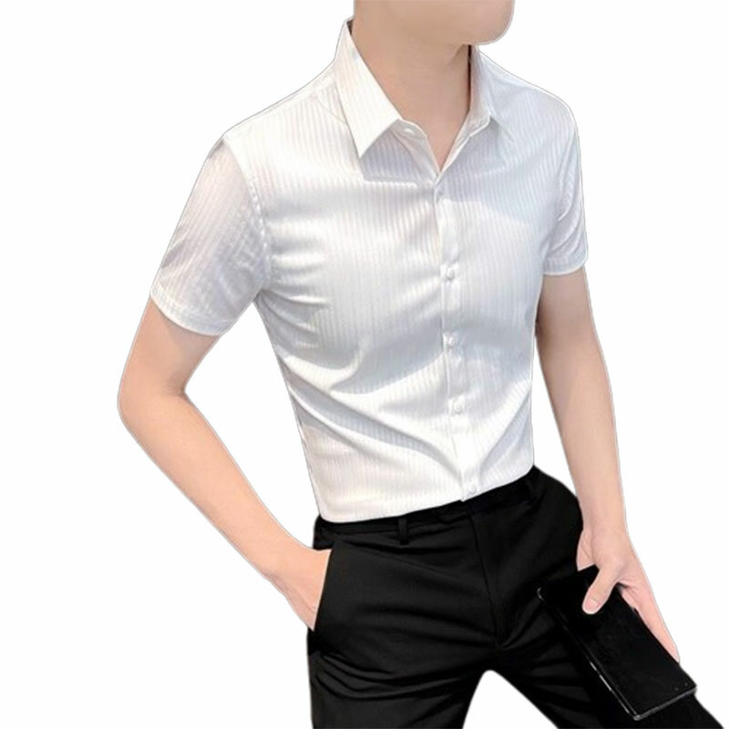 Blusa monocromática de manga curta masculina, moda elegante, harajuku, slim fit, casual solta, casacos com todos os fósforos, gola pontiforme