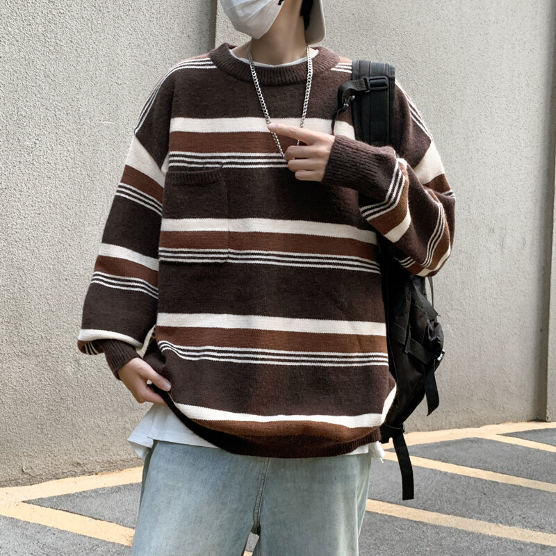 Camisa de manga longa vintage masculina tricotada, tops simples estilo formal básico, gola redonda, listrada, extragrande, cor de sucesso, outono, moda inverno