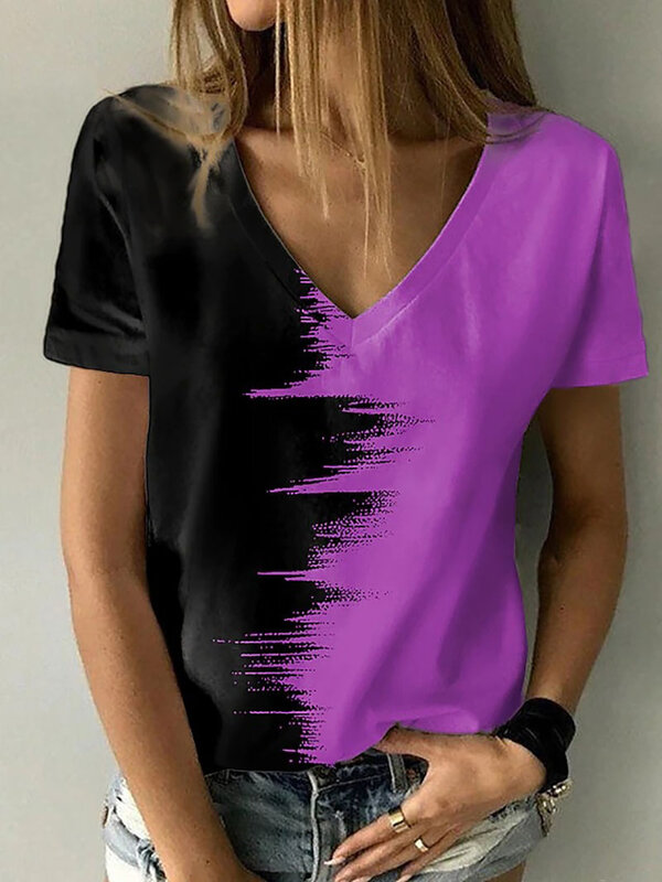 Camiseta feminina casual com decote em v, camiseta básica, pintura abstrata 3D, verde, azul, rosa, roupas de fim de semana, 2023