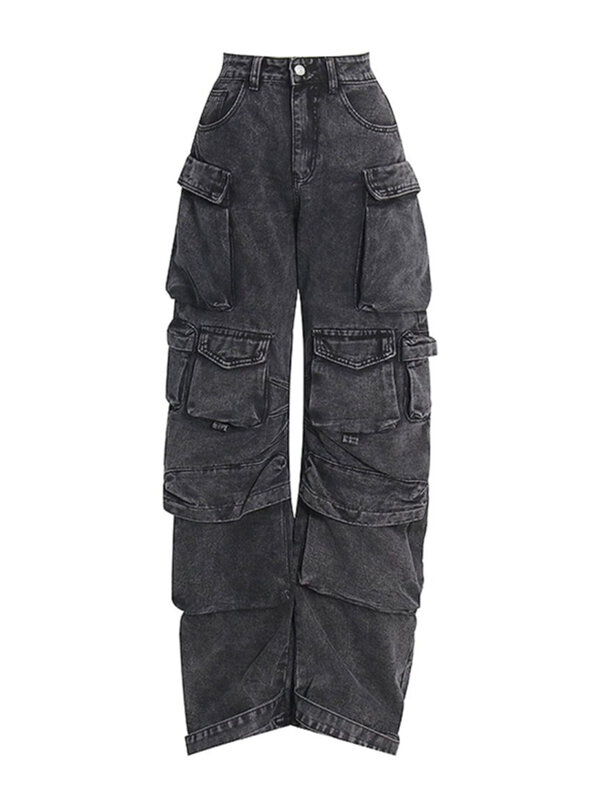 กางเกงยีนส์ Y2K ทรงตรงมีกระเป๋าหลายช่องแบบย้อนยุคสำหรับผู้หญิงกางเกงขาม้าสีดำทรงหลวมแนวสตรีทฮิปฮอป
