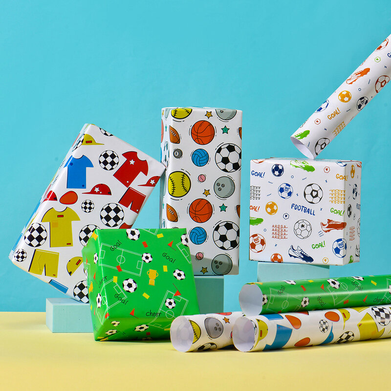 Papel de regalo de estilo de dibujos animados, 50x70cm, patrón de fútbol, embalaje de regalo, papel recubierto, regalos de colores