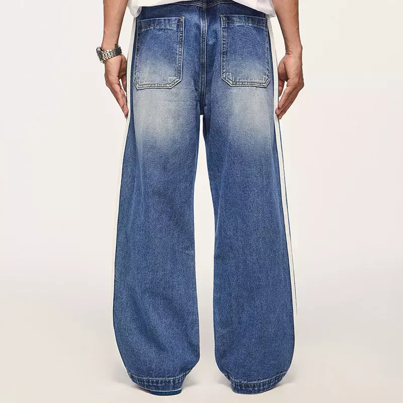 Męskie wiosenne letnie klasyczne sprane dżinsy spodnie typu Casual uliczne wysokiej jakości modne spodnie z luźna szeroka nogawkami spodnie taktyczne