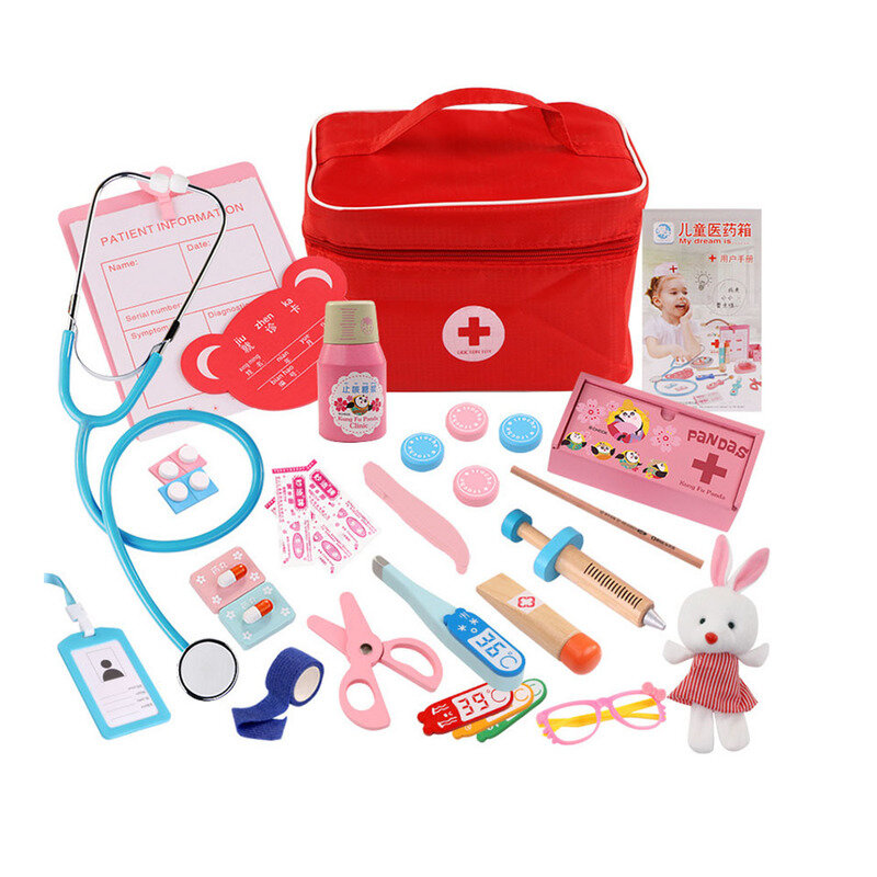 Doctor Toys for Children Set Kids Wooden Pretend Play Kit Games for Girls Boys Red Medical Dentist Medicine Box Cloth Bags