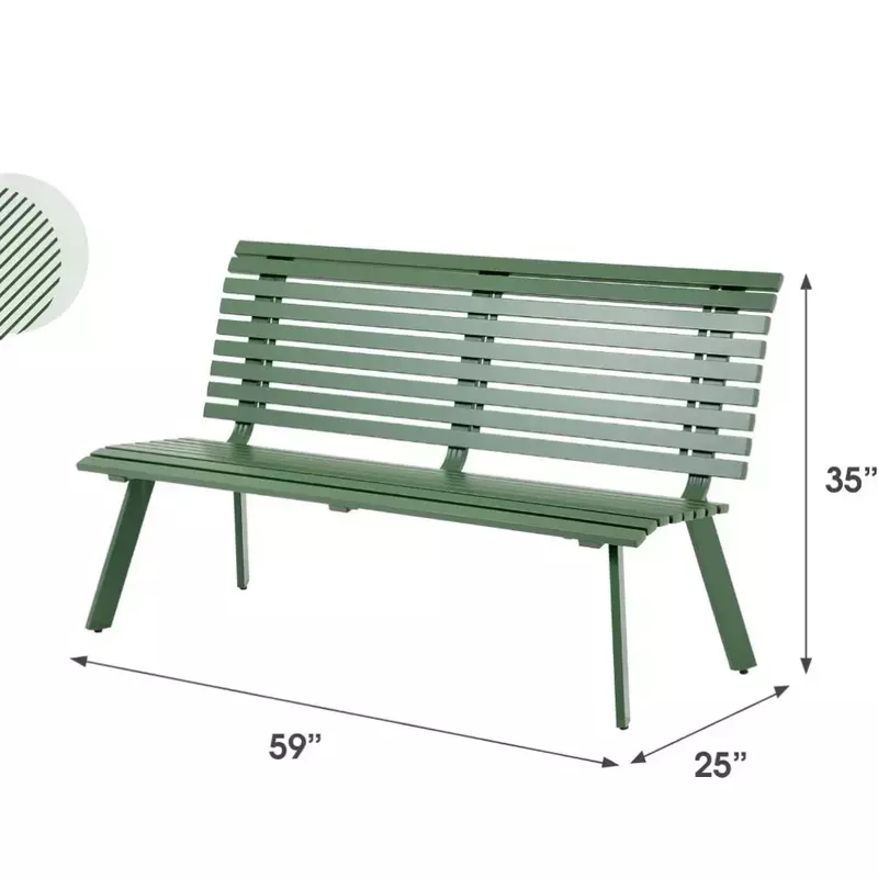 Outdoor Aluminum Garden Bench, Patio Porch Chair Furniture, Slatted Design w/Backrest, Green Patio Benches