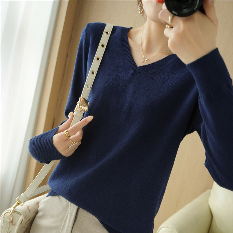 Camisa de punto de hilo de algodón puro para mujer, suéter de manga larga con cuello en V, Jersey suelto con capa inferior, Color sólido, primavera y otoño