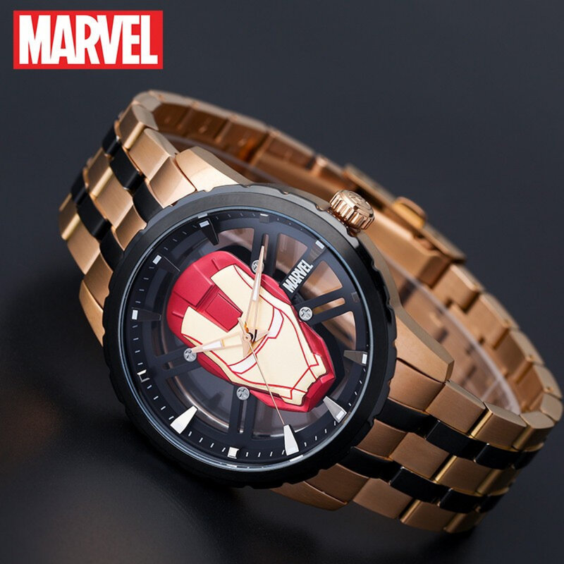 Marvel Boy Skeleton Iron Man casco, reloj de cuarzo con correa de acero, reloj de moda creativa, regalo de Disney con caja