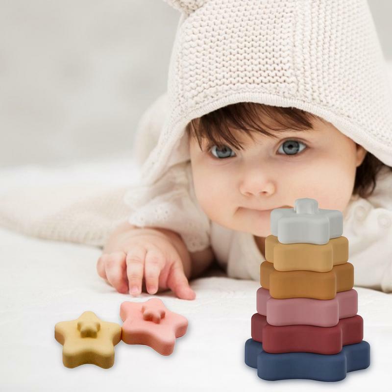 Juego de bloques de construcción de plástico suave para niños, 3D juguete de goma con tacto, mordedor de masaje, juguete de agarre, 6 uds.