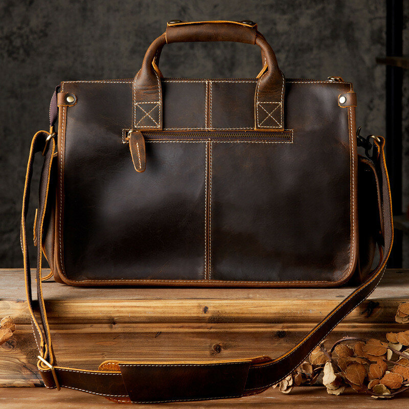 Porte-documents vintage en cuir véritable pour hommes, sac à main de luxe, sac de messager de travail, mallette de voyage d'affaires, sac de cheval fou, haute qualité