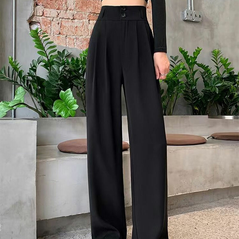 Female Clothing Wide Leg Straight Pants Korean High Waist 2024 Summer Solid Color Fashion Folds Button Casual All-match Trousers