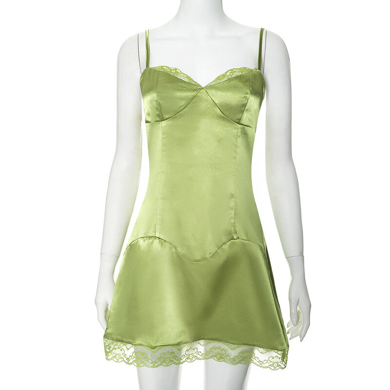 Mini robe trapèze en dentelle patchwork pour femmes, bretelles spaghetti, robes de soirée, tenue de club, mode d'été, vert, 2024