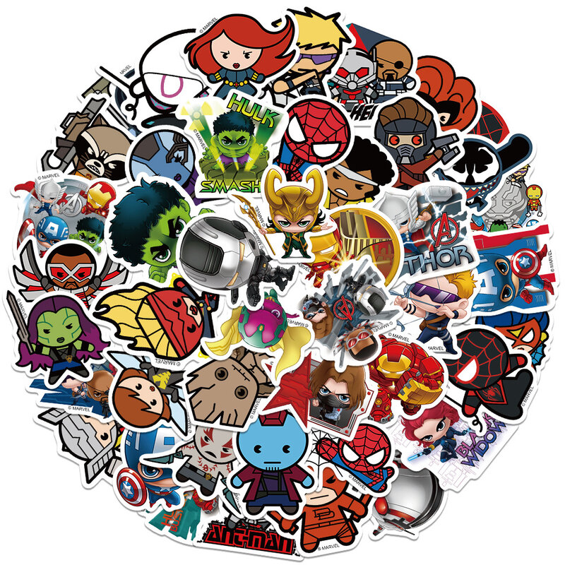 Disney-Q Versão Marvel Avengers Desenhos Animados Adesivos, Decalque do filme Anime, Skate, Computador portátil, Bonito Pacote de Adesivos Kawaii, Brinquedo Infantil, 50Pcs