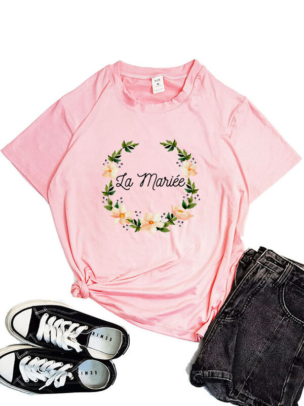 Women Flower Team Bride Squad T-shirts 2022 Black La Mariee Hen Party Bachelorette France Girl Wedding Female Tops Tees