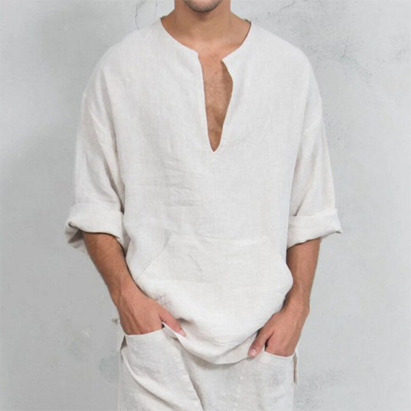 Camiseta de manga larga con escote en V para hombre, cómoda, suelta, musulmana, nueva
