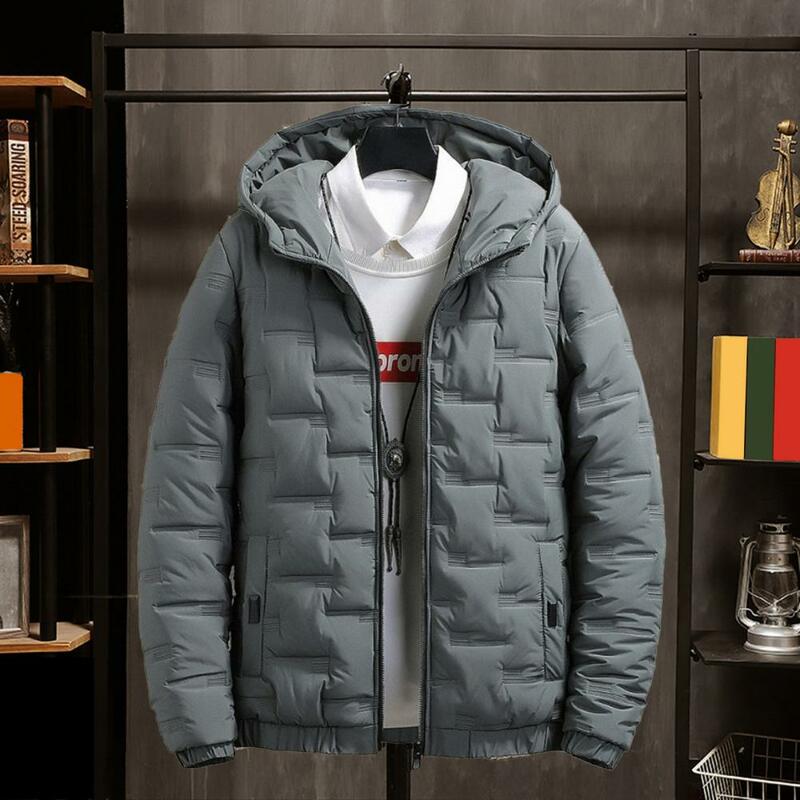 Men Down Jacket Thick Warm Zipper Closure Hooded Coat Casual Comfortable Solid Color Jacket for Winter