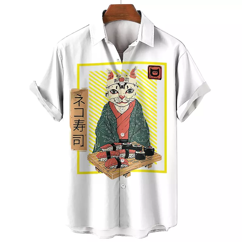 เสื้อวินเทจของผู้ชายเสื้อแนวสตรีทแวร์เสื้อแขนสั้นลายแมวญี่ปุ่นเสื้อผ้าใหม่ฤดูร้อน