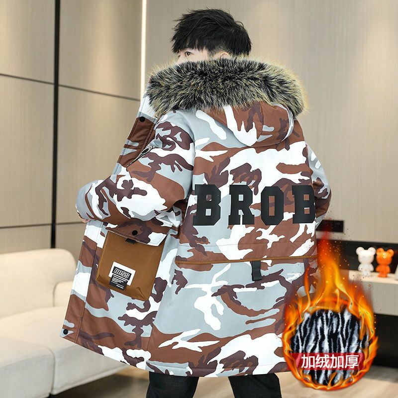 Men's hooded camouflage jacket, medium length jacket, new cotton jacket, winter plush and thick cotton jacket for teenagers