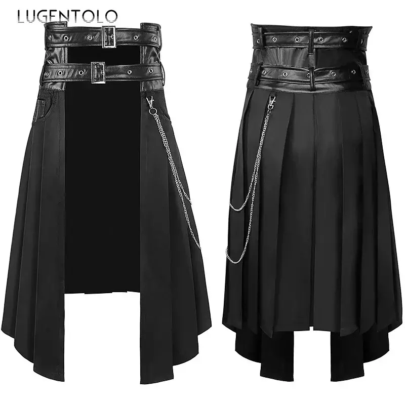 Lugentolo Men Punk Pleated Skirt Dark Steam Gothic Asymmetric Rock Party Men's Fahsion Black Chain Dance Fashion New Skirts