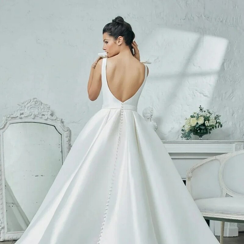 Flavinke Elegant Boho Wedding Dresses ball gown Sleeveless V-neck Vestido De Noiva Bridal Gown Open Backless bow custom size
