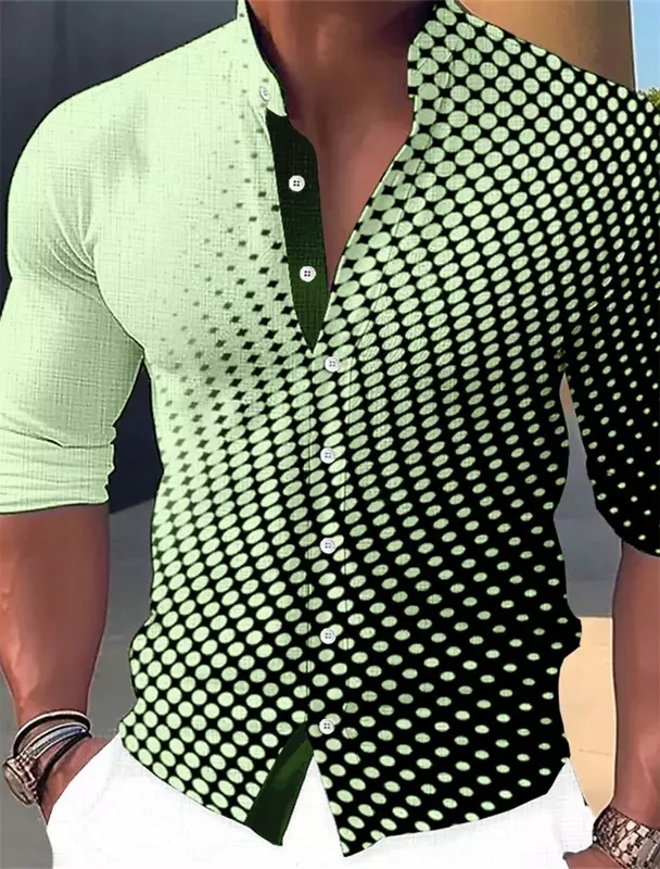 2024 camicia da uomo geometrica in piedi collo tinta unita stampa a pois camicia a maniche lunghe con bottoni Street Leisure abbigliamento firmato da uomo