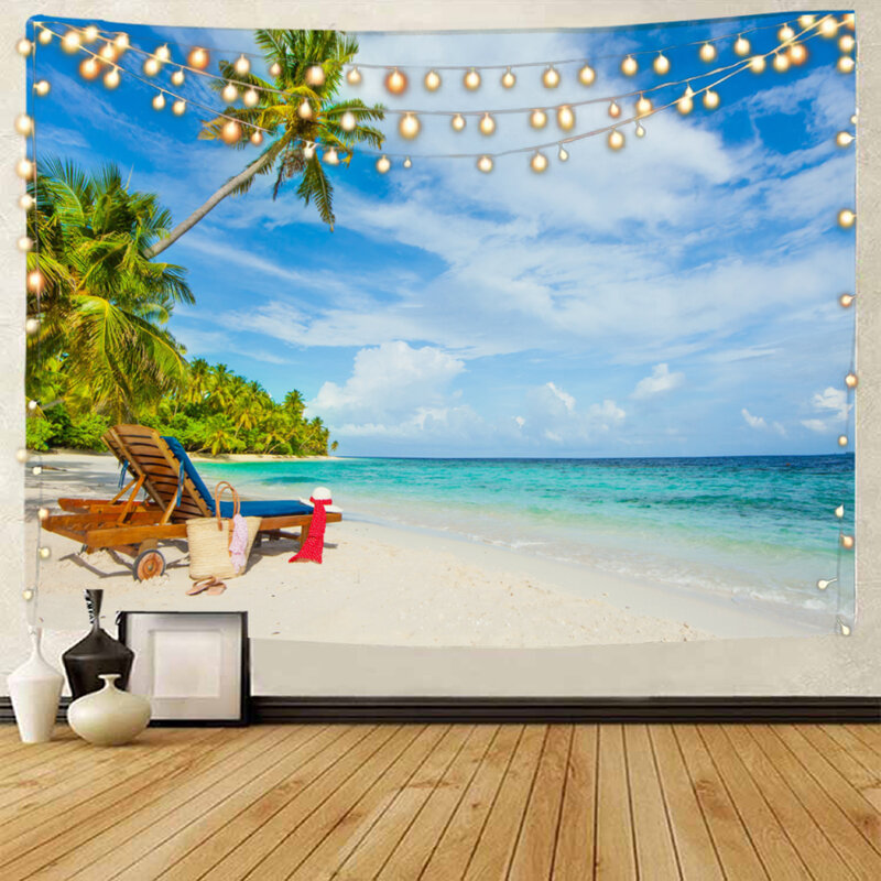 Tapeçaria decorativa com vista da praia e do mar, tapeçaria decorativa com coqueiro, para a casa, sala de visitas, dormitório