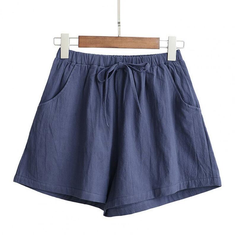 Pantalones cortos de verano para mujer, Shorts de cintura alta, de Color sólido, con bolsillos y cordón, de lino fino, de pierna ancha, informales, para exteriores