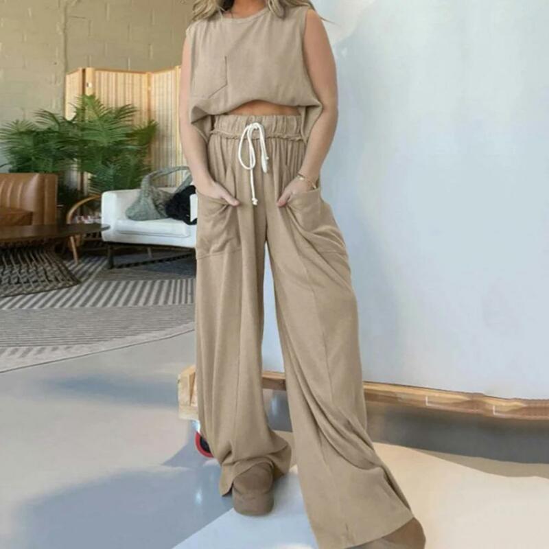 Women Two-piece Suit Daily Summer Outfit Women's Sleeveless Vest Wide Leg Pants Set with Drawstring Waist Side for Comfort