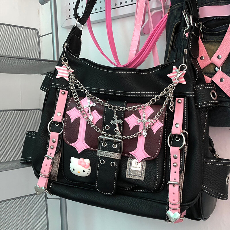 Hello Kitty Sanrio Gothic Punk Vintage Pink Cross Chains borse a tracolla per le donne giocattoli Hot Girl Handbag Y2k Trend Tote Bag Gift