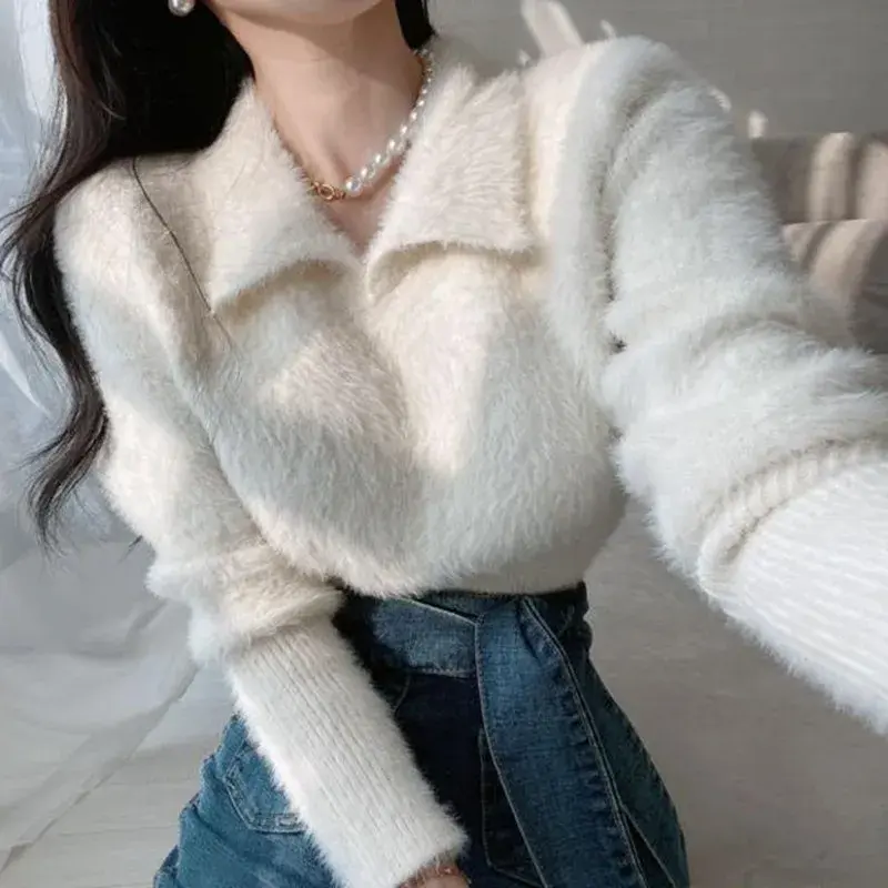 QNPQYX-suéter de punto para mujer, suéter corto de Cachemira de visón falso, jerséis Retro elegantes, moda coreana, Otoño e Invierno