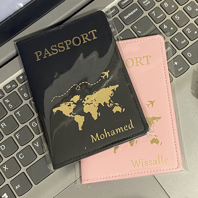 Funda de pasaporte con nombre personalizado, letras doradas, texto personalizado, cuero Pu, billetera de viaje, funda de pasaporte
