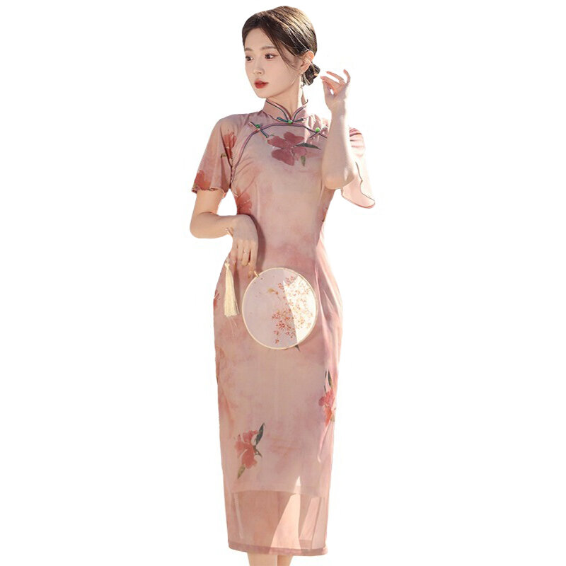 Gaun tradisional Tiongkok Cheongsam Qipao, gaun pesta bunga longgar lengan pendek ditingkatkan Retro untuk wanita