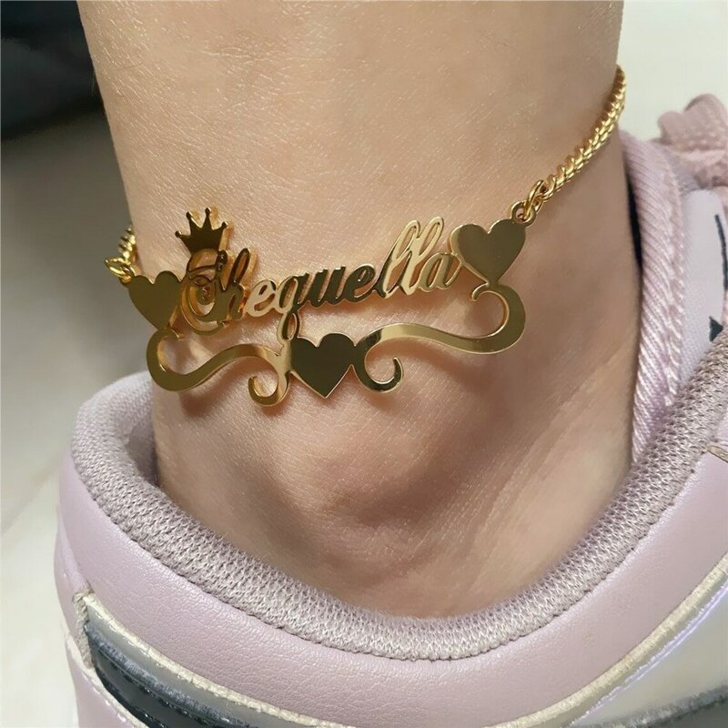 Custom Crown Heart Name Anklet Women Girl Trendy Jewelry Stainless Steel Gold Color Nameplate Ankle Bracelet Gifts For Her
