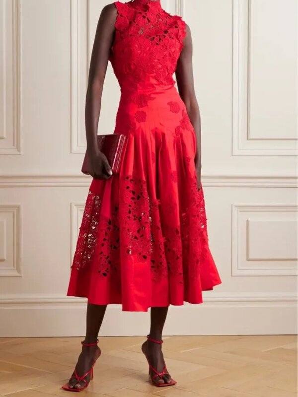 فستان سهرة دانتيل أحمر مخصص للنساء ، رقبة عالية ، خط ، طول الشاي ، فستان حفلة رسمي ، ثوب حفلة موسيقية ، مقاس كبير ،