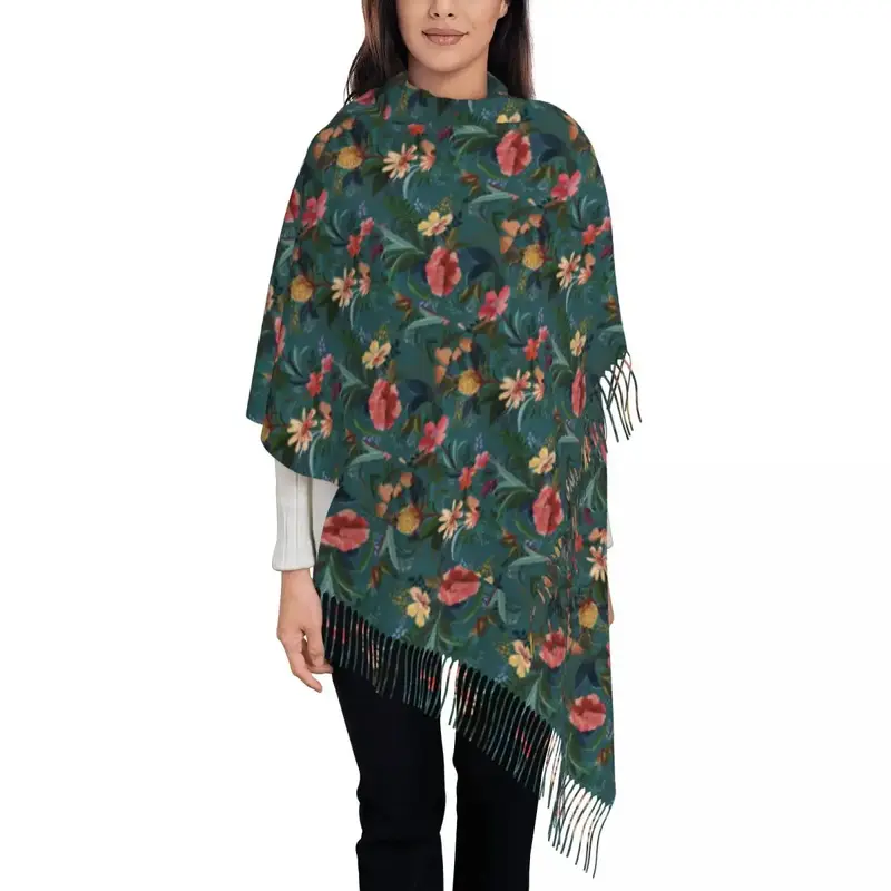 Pittura ad acquerello di ananas e fiori scialle di Pashmina da donna avvolge la sciarpa con frange lunga e grande