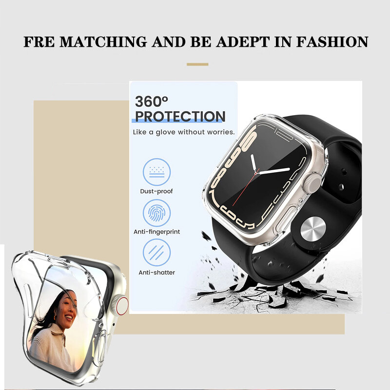 Protetor de Tela para Apple Watch, 45mm, 41mm, 44mm, 40mm, 42mm, 38mm, Full TPU Bumper Cover, Acessórios para Iwatch Series 9, 8, 7, SE, 6, 3