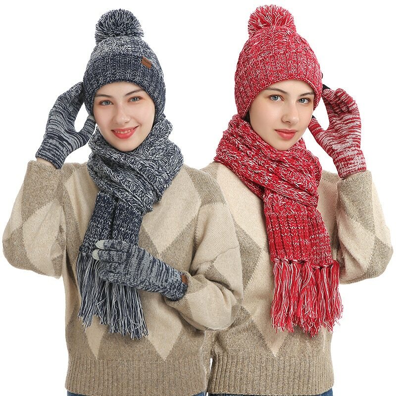 Fios de lã feminino malha silenciador chapéu e lenço conjunto, forro velo, gorro, luvas de telefone, cachecol grosso, manter aquecido, inverno