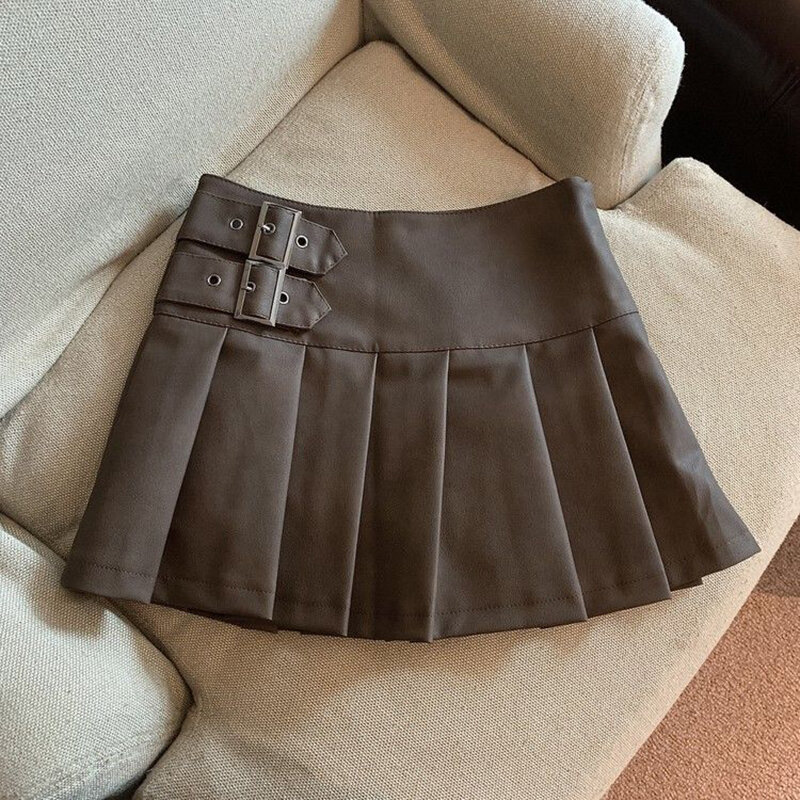 S-3Xl Y2K Pu Leather Mini Skirt Women Vintage High Waist Pleated Skirts Streetwear Korean Black Slim Casual A Line Skirts New