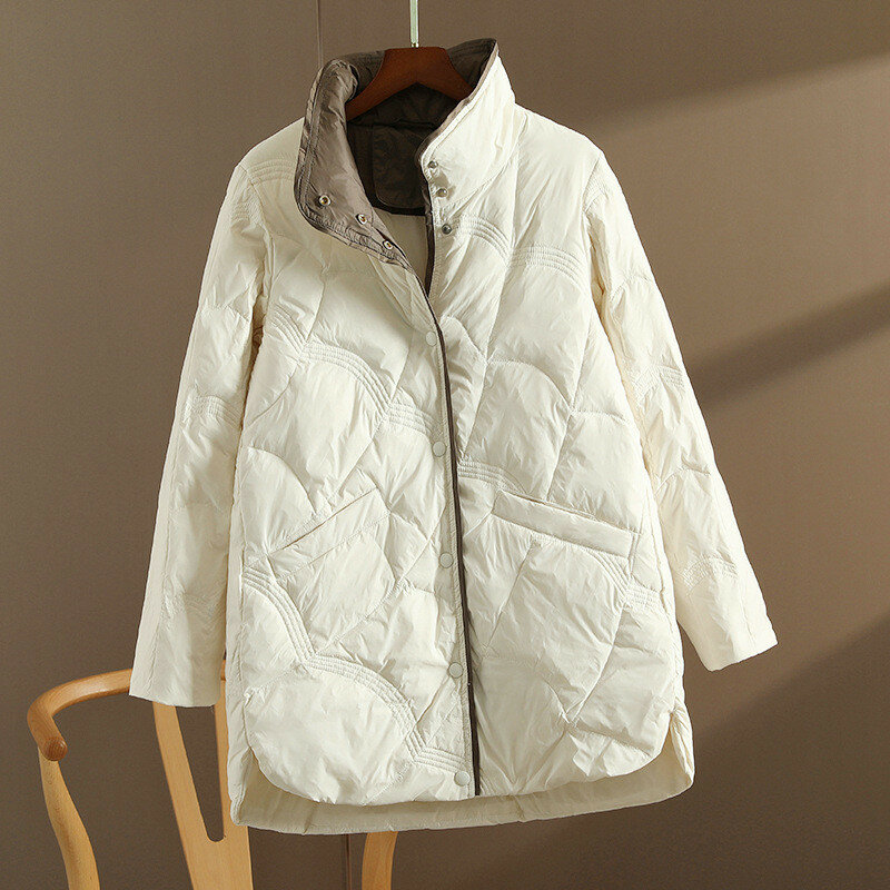 女性用の白いダックダウンジャケット,Vネックの厚くて暖かい秋冬ジャケット,ルーズフィット,女性用の長いヌードカラー,2022