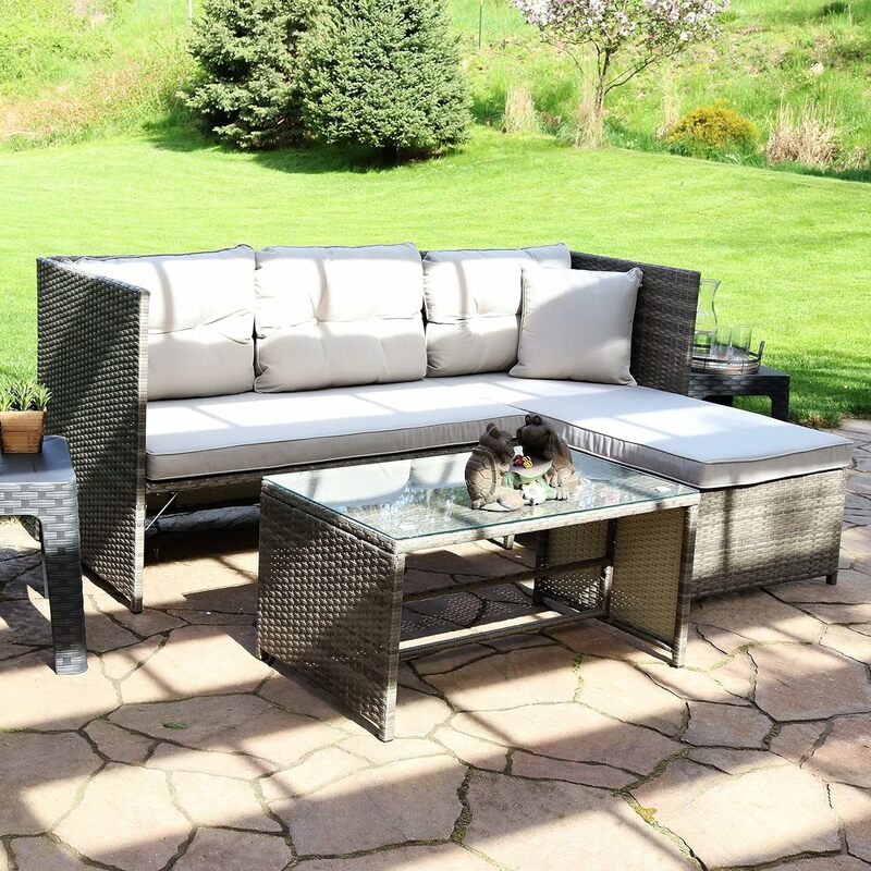 Outdoor Patio Sectional Sofa Set - Backyard Brown Rattan Wicker Chaise Lounge Furniture with Coffee Table and Thick Cushions