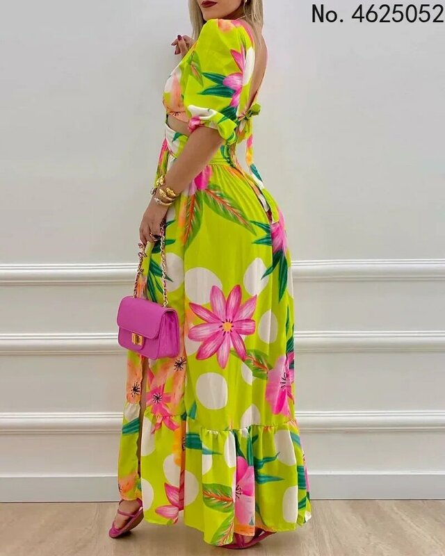 Gaun Afrika 2023 untuk wanita gaun Maxi panjang musim panas leher-v gaun lengan pendek motif mode seksi pakaian Afrika