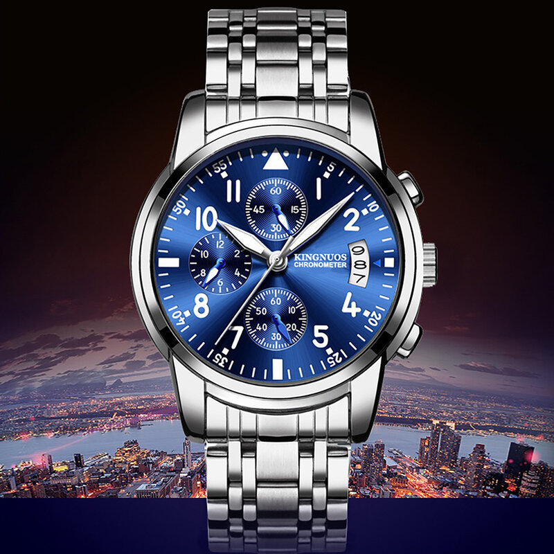 Jam tangan mewah pria, gelang baja pria jam tangan mode & kasual pria kalender tunggal menyala tahan air Desain Mode